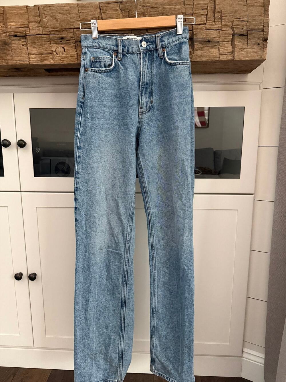 Reformation Jeans High Rise Straight Leg Light Wash Distressed Size 24
